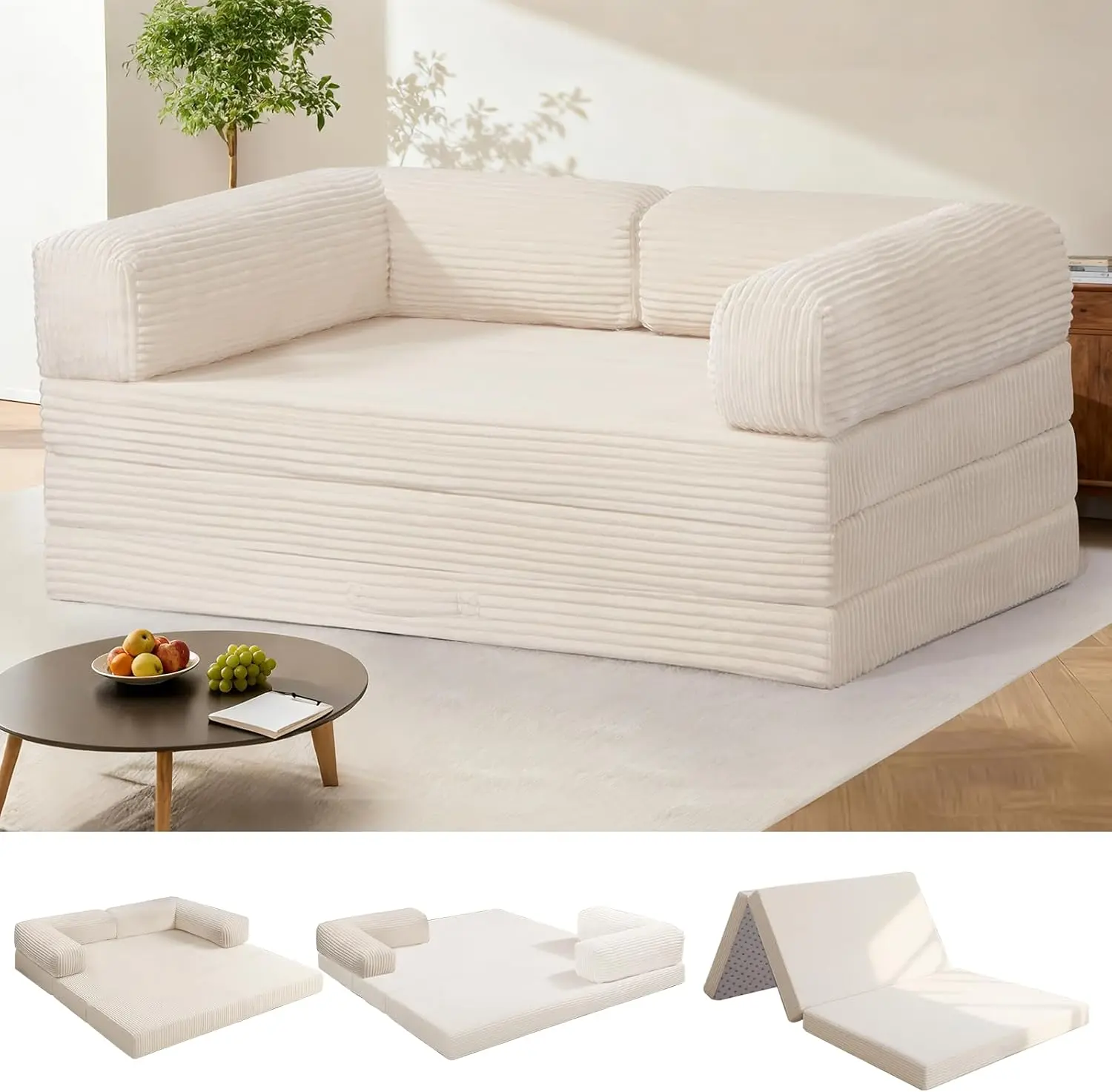 Tri-Fold Foldable Mattress, Convertible Folding Sofa Bed with Removable Arms & Washable Cover, All-in-One Portable Mattress Floor Sofa Bed, No Assembly Required & Non-Slip