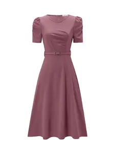 Women's Modest Chic Lady V-Neck Midi Dress, Short Sleeves, Ruffle Details, Solid Color, Waist Belt, Flowing Fit-And-Flare Skirt for Spring/Summer Womenswear Elegance summer dress Style