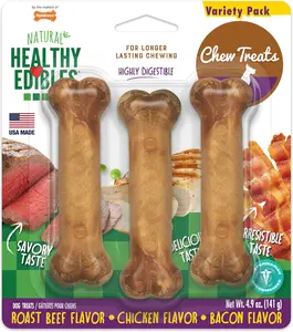 Natural Dog Chews, Long Lasting Bones for Dogs, Roast Beef, Chicken & Bacon Flavor Dog Treats, Small (3 Count)
