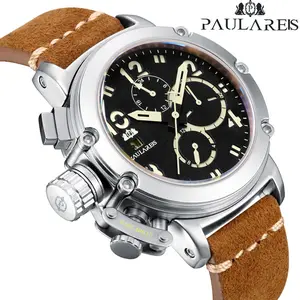 Automatic Watch for Men Mechanical Self Wind Genuine Leather Multifunction Date Boat Month Gold Bronze U Fashion Wristwatch