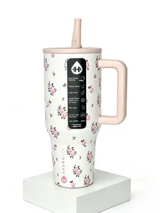 HydroJug 40oz Pink Rose Floral Print Insulated Stainless Steel Drinkware Flask Tumbler - Leakproof, BPA-Free, 24hr Cold Retention, Handle & Straw Included, Cup Holder Friendly, Ideal for Daily Use & Travel