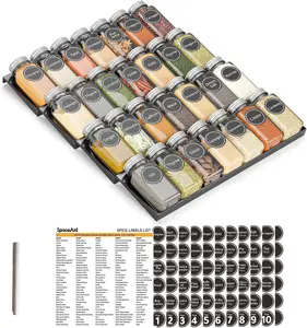 Spice Drawer Organizer with 28 Spice Jars, 386 Spice Labels, 4 Tier Seasoning Rack Tray Insert for Kitchen Drawers, 13" Wide x 17.5" Deep