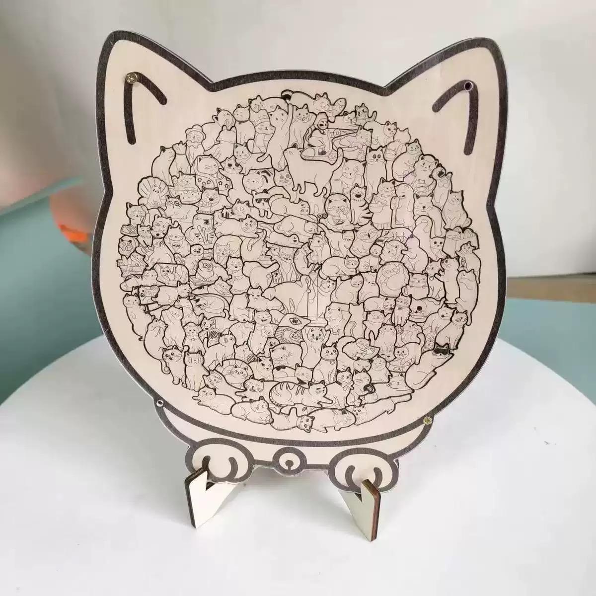 Unique Cat Head Wooden Puzzle, Cute Cats All-In-One Jigsaw Toy, Difficult & Fun Stress Relief Puzzle for Family Game Night & Party Activities