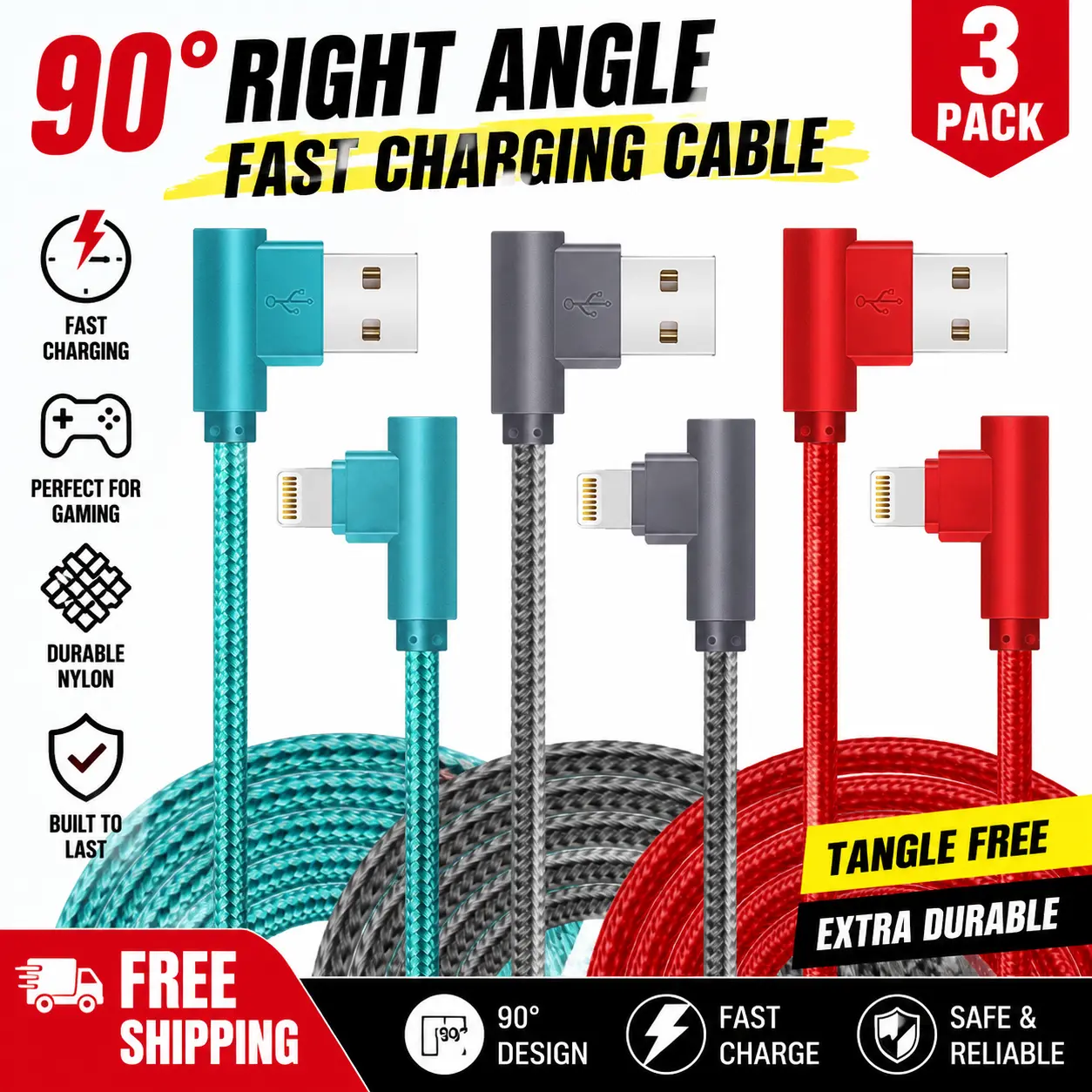 IPhone Charger Cable Right Angle Lightning Cable 3-Pack 90 Degree 6FT Nylon Braided Fast Charging Cord, Compatible with iPhone 14/13/12/11/XS/MAX/X/8/7/6, Smartphone, Cellphone, Electronic Devices, Durable Charging Cord for Gaming & More