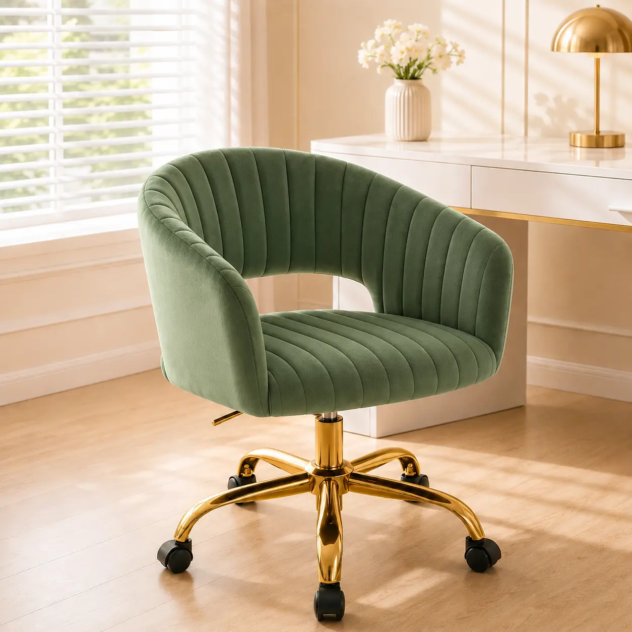 Luxury Velvet Desk Chair with Gold Metal Base, Modern Ergonomic Swivel Office Chair with Curved Backrest, Plush Upholstered Cushion, Adjustable Height Accent Chair for Home Office, Vanity, Bedroom