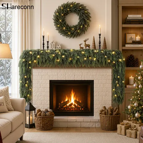 SHareconn 6/9FT Pre-Lit Artificial Christmas Cedar Garlands - Classic Greenery, Battery-Operated Color-Changing Lights, for Mantle, Wall Hanging, Outdoor Holiday Xmas Decorations
