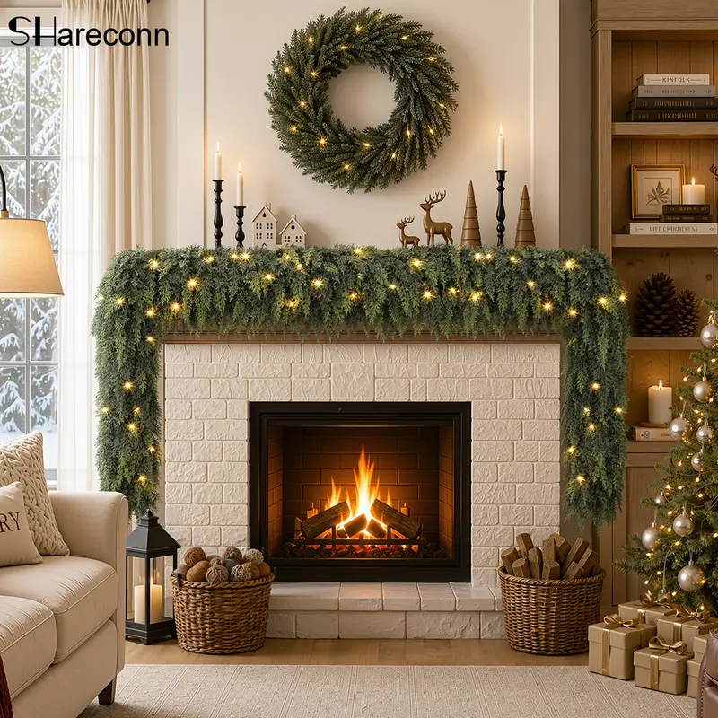 SHareconn 6/9FT Pre-Lit Artificial Christmas Cedar Garlands - Classic Greenery, Battery-Operated Color-Changing Lights, for Mantle, Wall Hanging, Outdoor Holiday Xmas Decorations