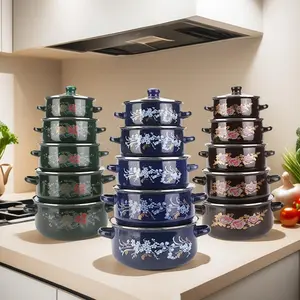 Floral Pattern Enamel Cookware Set, Including Soup Pot, Stewing Pot, Frying Pan, Easy Clean Non-stick Cookware for Home and Outdoor Use, Outdoor Cooking Supplies