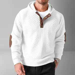 Men's textured colorblock hoodie with contrast trim - white waffle fabric, brown detailing, half-placket button collar, casual pullover, versatile for everyday wear and trendy styling
