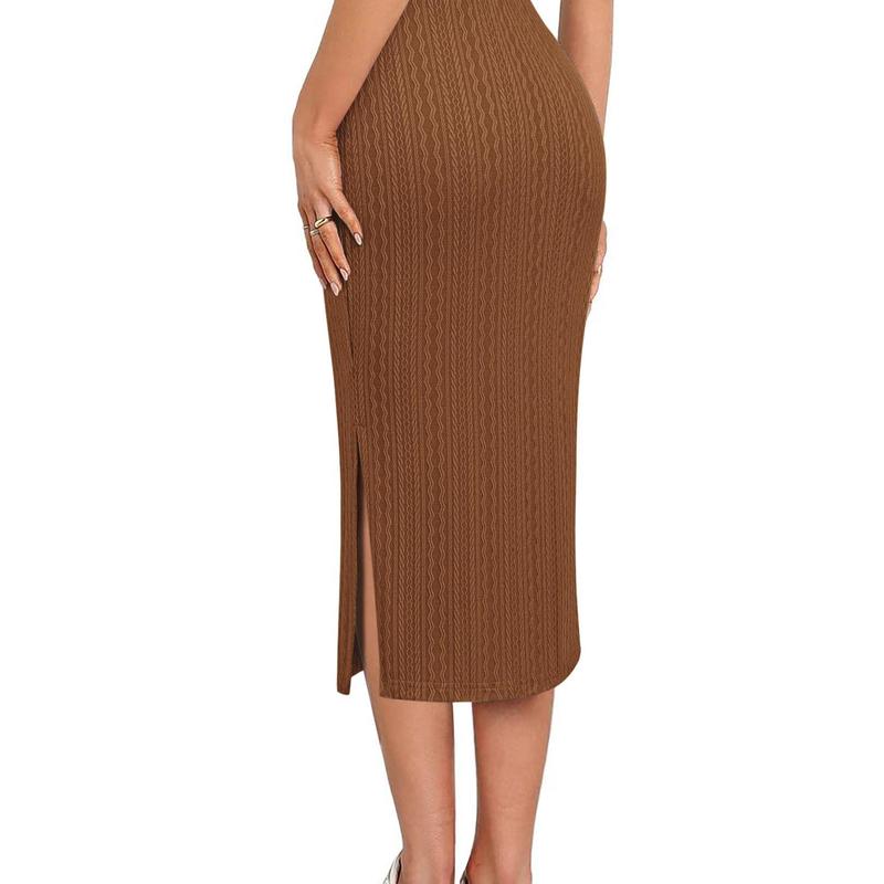 ZEAGOO Womens Knit Midi Skirts Casual Pencil Skirt High Waisted Long Skirts with Slit Elegant Work Office Skirts