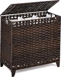 132L Handwoven Rattan Laundry Hamper with 3 Removable Liner Bags, Laundry Sorter Basket with Lid, Heightened Feet & Side Handles, 3 Separate Sections for Clothes Sorting