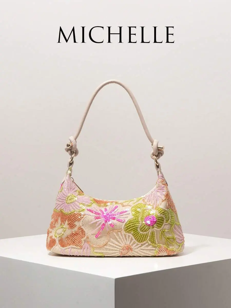 Sequin Floral Embroidered Shoulder Bag for Women, Elegant Party Clutch for Wedding, Prom, Evening Purse