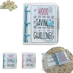 Mini Savings Binder, Reusable PVC $1000 Savings Challenge Book with Sticker,4.5"×3.9"×1"
