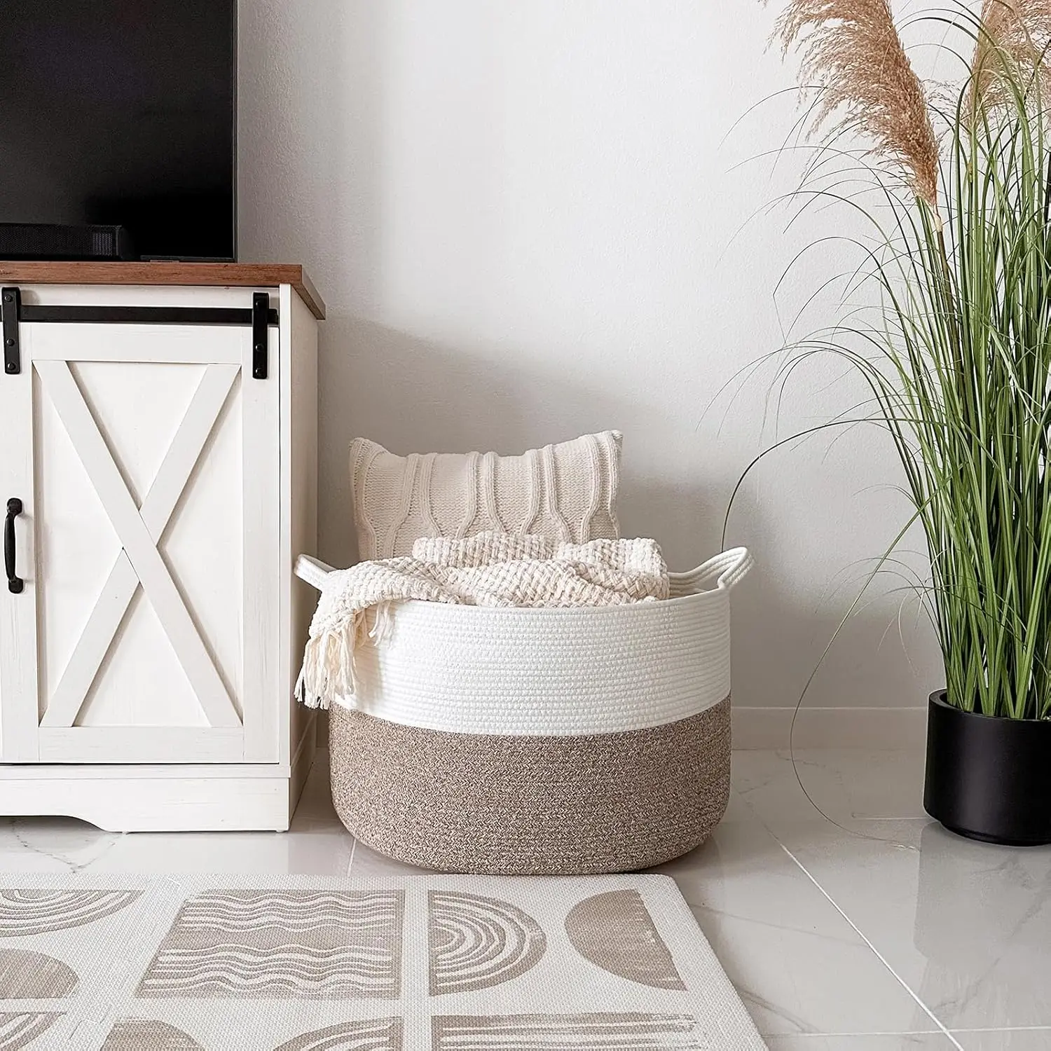 XXXLarge Blanket Basket for Living Room 21.7" x 21.7" x 13.8"-Storage Basket with Handle for Organizing Toy Pillows Woven Cotton Rope Laundry Basket Stuffed Animal Toy Storage for Play Room XXXLarge Blanket Basket for Living Room 21.7" x 21.7" x 13.8"-Storage Basket with Handle for Organizing Toy Pillows Woven Cotton Rope Laundry Basket Stuffed Animal Toy Storage for Play Room