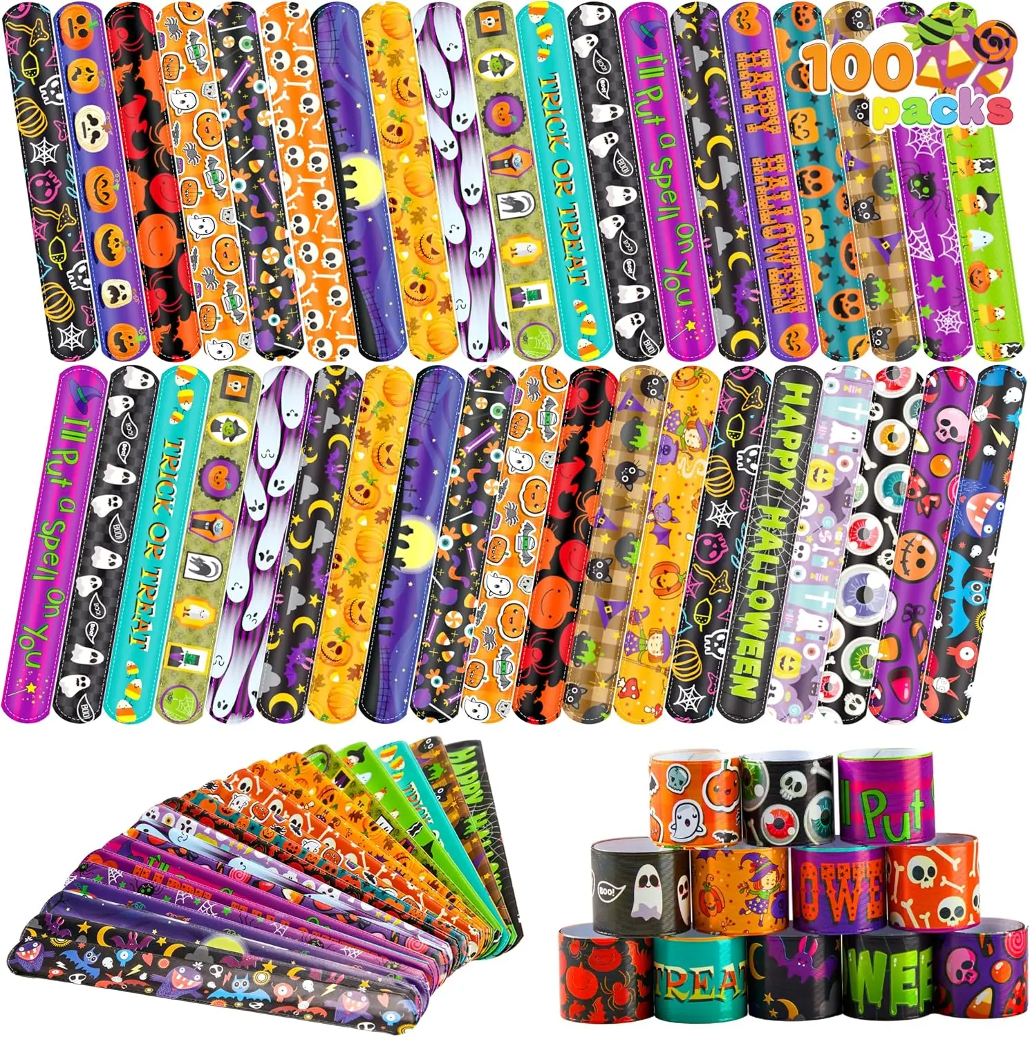 Halloween Fall Gift  100 PCS Halloween Slap Bracelets for Kids, Halloween Bracelets Bulk for Girls Boys Gifts, Friendship Bracelets Snap Bracelets