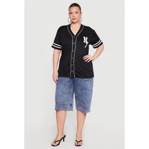 Plus Size Chenille NY Patch Graphic Varsity Stripe Baseball Jersey