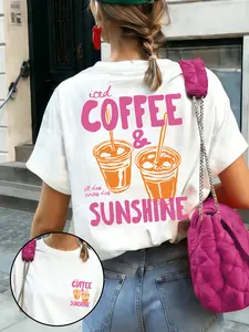 Funny Iced Coffee & Sunshine Graphic Oversized T Shirt Women, Casual Short Sleeve Coffee Print Top, Cute Summer Outfit for Coffee Lovers, Daily Wear #springsaledeals2026 #summeroutfits #tiktokshopmademebuyit #foodiefashion