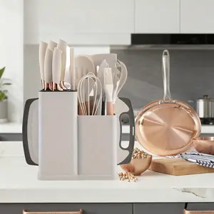 2026 Holiday BBQ Essential Kitchen Knife Set, 19-piece kitchen set including heat-resistant silicone cutlery, 6 sharp knives, 2 cutting boards, rectangular and round kitchen utensils, white wooden cutlery, kitchenware and wooden kitchenware. Block