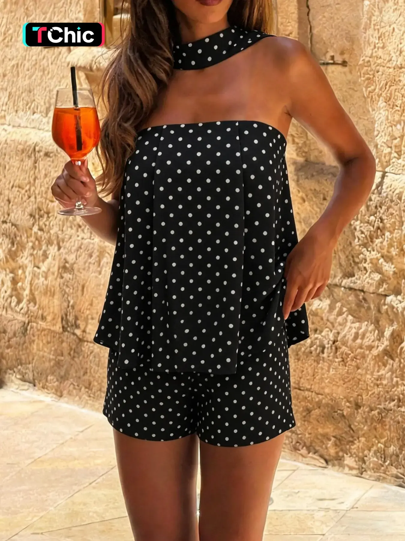 Summer Fashion Polka Dot Pattern Tube Top & Straight-Leg Shorts, Two-Piece Set, Casual Daily Wear, Crop Top