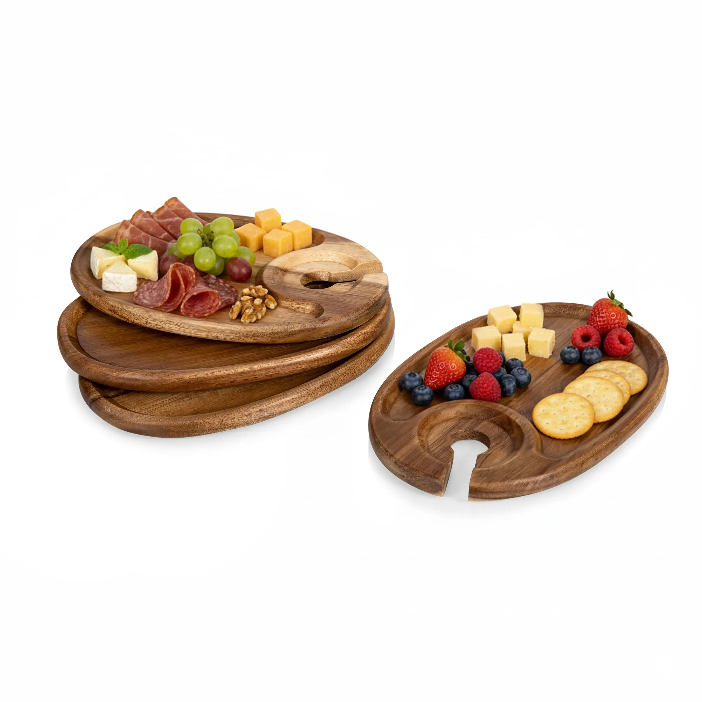 Acacia Wood Oval Party Plates - 4-Piece Mini Size (9 by 6 inches) Lightweight Reusable Personal Plates with Wine Glass Holder, Natural Grain Board for Wine & Cheese Entertaining
