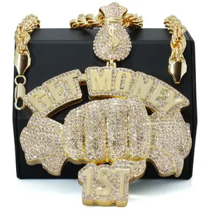 Huge Extra Large " GET MONEY 1ST " Fully Iced | 14k Gold Plated Necklace