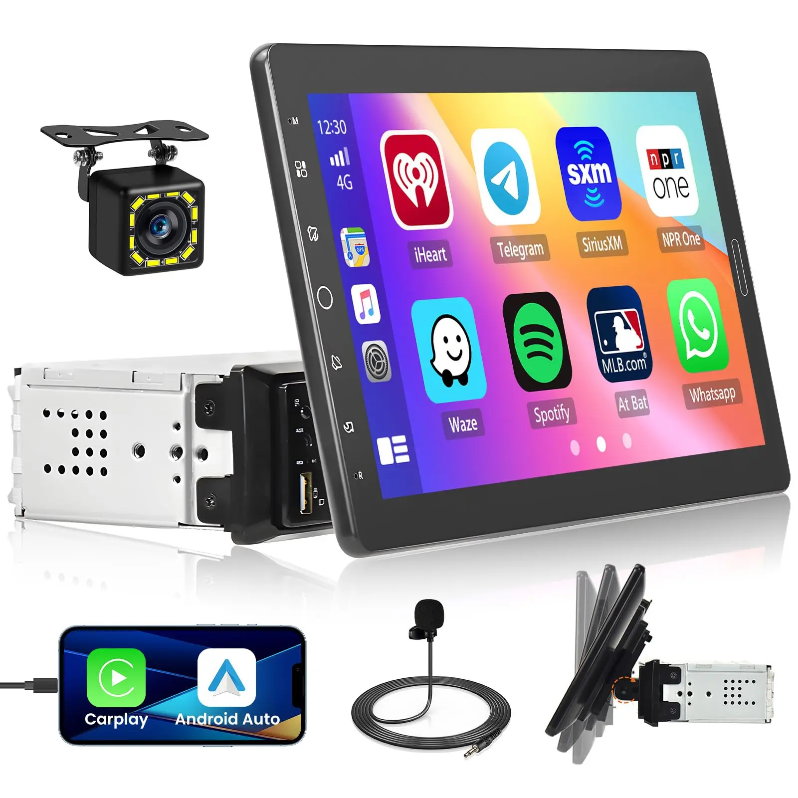 Springtok 10.1" Single Din Car Stereo with Rotatable Detachable Carplay Screen - Wired Connectivity, Android Auto, Mirror Link, 1080P Display, EQ Audio, SWC, Bluetooth, Backup Camera, MIC, Hands-Free Calls, Car Stuff, Father's Day Gift