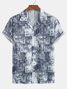 Men's Geometric Print Cuban Collar Short Sleeve Shirt, Casual Fitted Shirt, Casual Fashion Top, Perfect for Daily Wear and Outdoor Activities