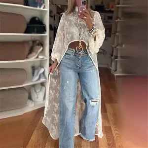 Women Lace Floral Embroidery High Low Tops Summer Mock Neck Half Puff Sleeve See Through Sheer Long Blouse Casual Asymmetrical High Low Long Dress Swimsuit Bikini Cover Up Party Clubwear