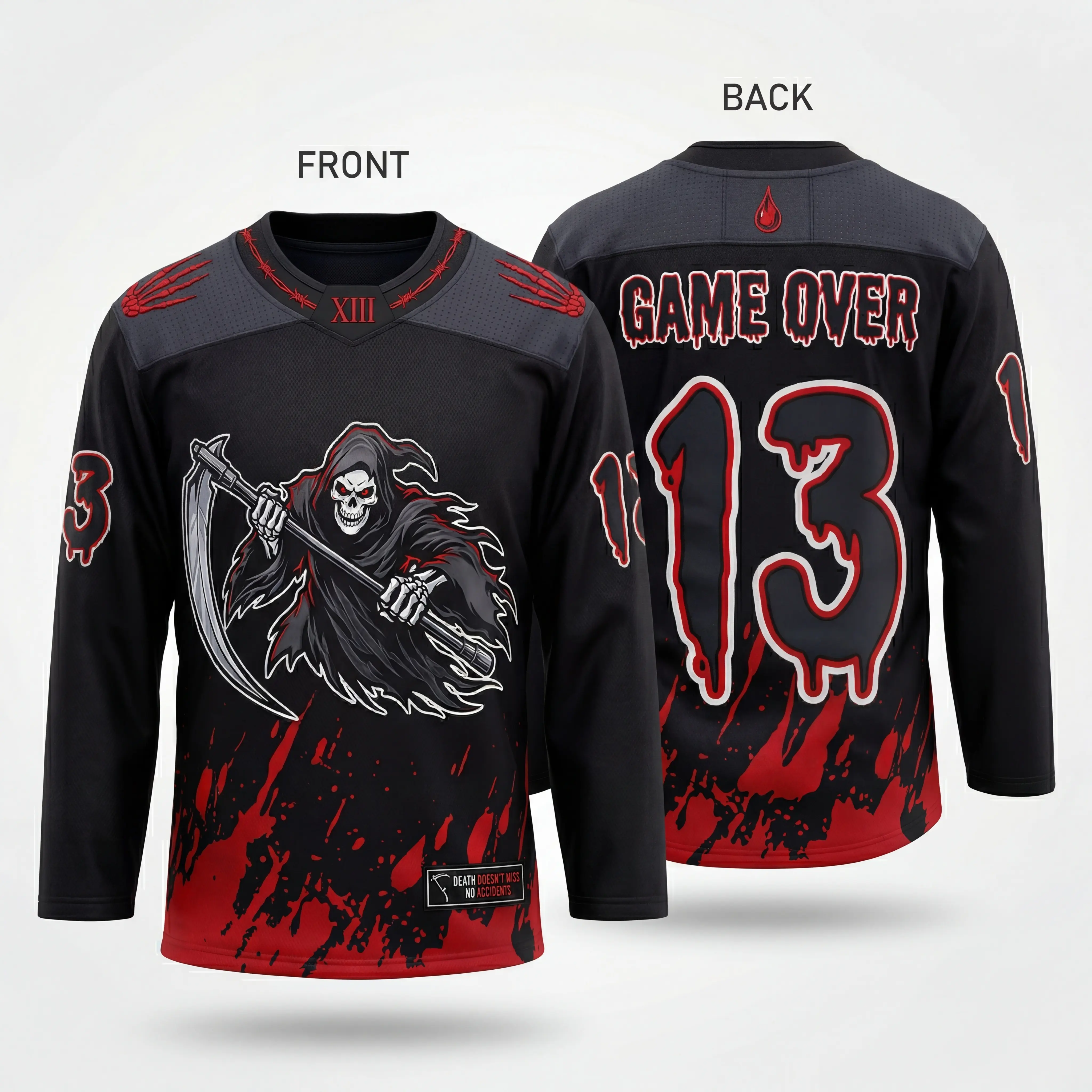 Men's Ice Hockey Jersey Grim Reaper #13 Embroidered | Custom Name Team Sports Gift | Tatami Y2K Grunge Workout Sportswear Solid Color Sportswear