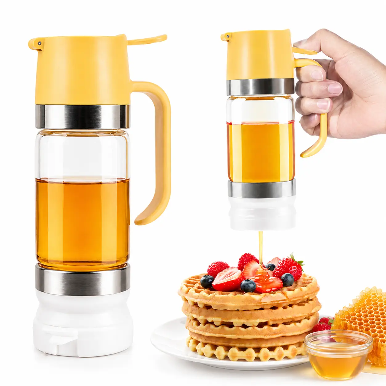 [No Drip Design] AISOON Glass Honey Dispenser with Handle, 10 oz Leakproof Honey Jar for Honey & Maple Syrup, Yellow Syrup Dispenser for Coffee, Tea, Pancakes and Waffles, 1 Pack