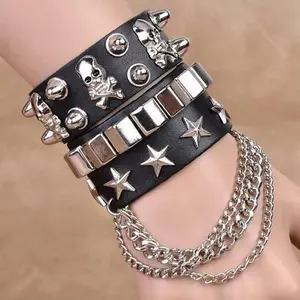 Fashion multi-layer leather wide bracelet personality domineering skull rivet punk street dance bracelet jewelry
