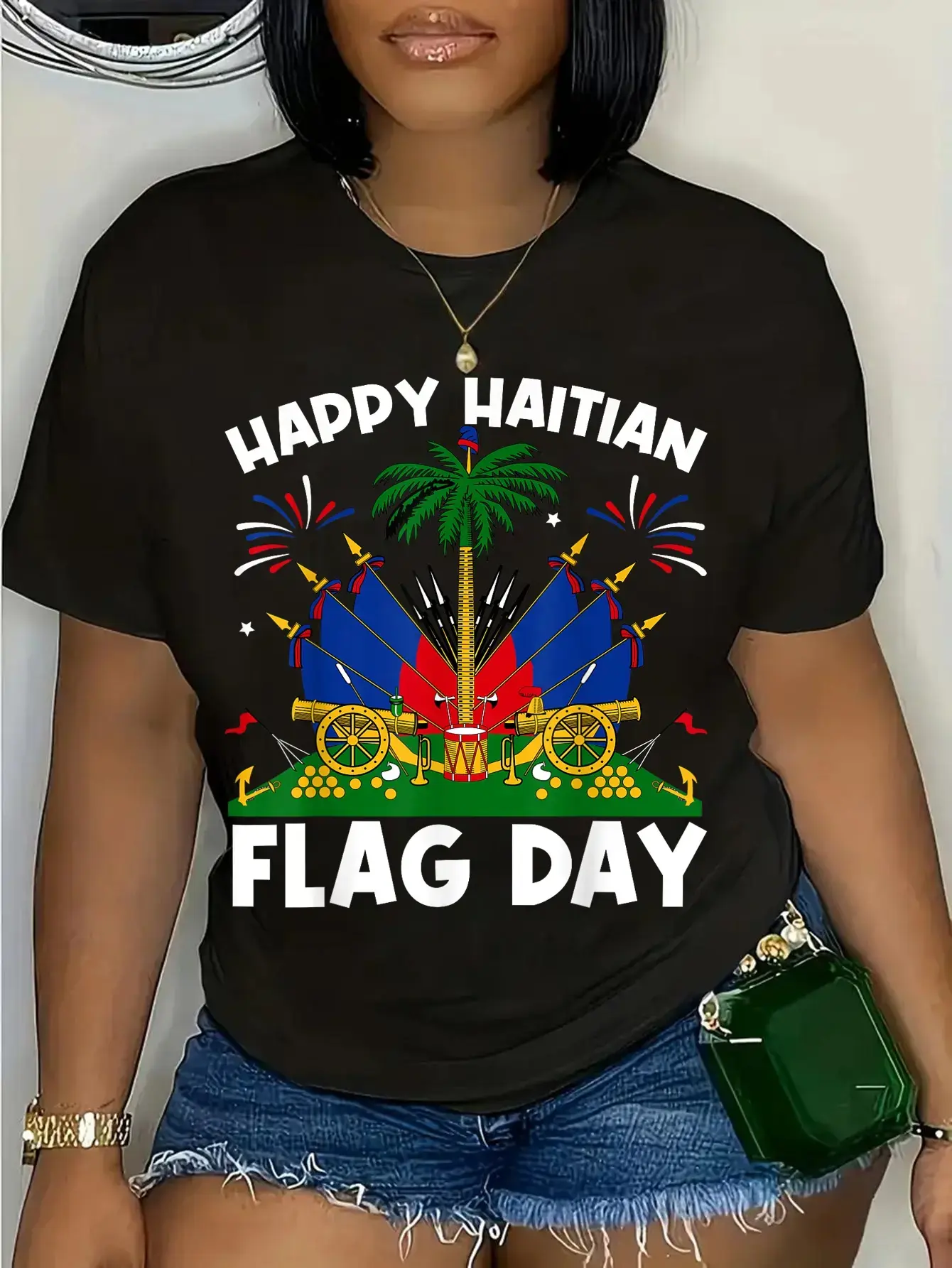 Women's 100% Cotton Round Neck Cute Graphic Tshirt - Short-Sleeve, Vintage, Casual Streetwear for Haitian Flag Day, Everyday Unisex Flag Graphic Women's T-Shirt, Flag Graphic Women's T-Shirts