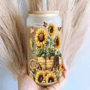 1 Count Sunflower Design 16oz covered straw glass drinking cup, Tumbler, reusable glass drinking cup, glass jar design, suitable for iced coffee, beer, juice, cold drink glass cups, glassware, Drinkware. Perfect gift for coffee lover