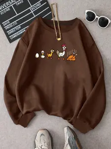 Women's Cartoon Chicken Print Drop Shoulder Sweatshirt, Casual Long Sleeve Round Neck Pullover for Fall & Winter, Ladies Clothes for Daily Wear
