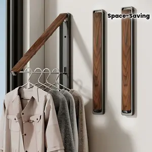 1. Retro folding wall mounted clothes hanger, black walnut texture+space aluminum bracket design, foldable telescopic clothes drying pole, multi scene hanging clothes, space saving clothes storage rack