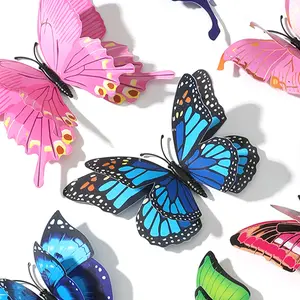 12pcs 3D Colorful Double-layer Wings PVC Simulated Butterfly Refrigerator Magnet Set, Artificial Butterfly Wall Stickers For Home Decoration, Cute Cake Decoration, Party Supplies, Creative Design Butterfly Sticker For Holiday & Party, Romantic Home Decor