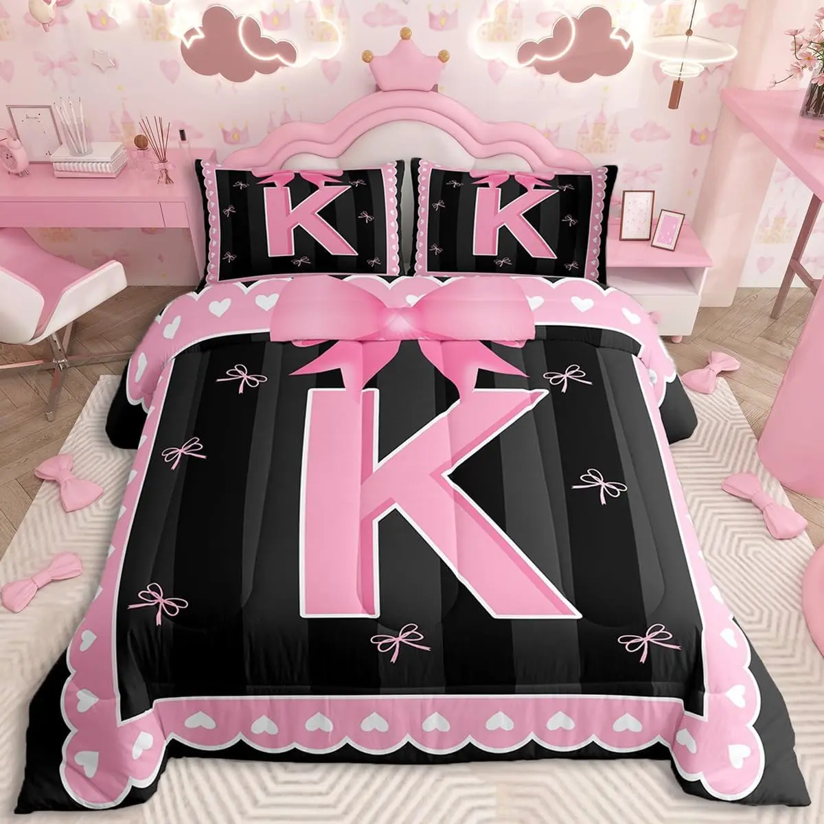 Pink Bow Kids Bedding Set ,Girl Bow Coquette Comforter Set,Personalized Letter K Ultra Soft Duvet Quilt,Butterfly Knot Princess Comforter Initial Letter K Bedroom Decor
