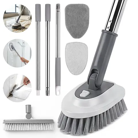 5-in-1 Floor Scrubber with Adjustable Handle, Tile Tub Shower Cleaning Brush with V-Shaped Grout Brush & 4 Replaceable Heads