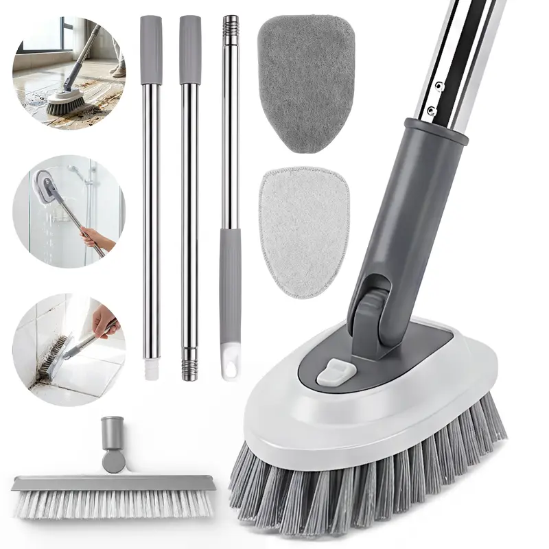 5-in-1 Floor Scrubber with Adjustable Handle, Tile Tub Shower Cleaning Brush with V-Shaped Grout Brush & 4 Replaceable Heads