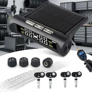 Smart solar tpms kit with usb charging 7 lcd display; real-time Tire pressure/temperature monitor, auto alarm, external/internal sensors for car, truck, SUV, pickup safety accessories
