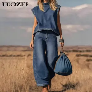 UOOZEE Women's Vintage 2-Piece Polyester Denim Outfit Set - Sleeveless Mock Neck Cropped Tank Top, Loose Wide-Leg Pants with Pockets, Simple Everyday Clothes for Spring Summer Casual/Work Wear