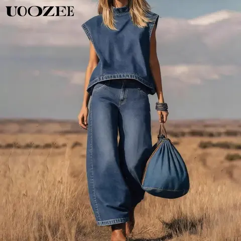 UOOZEE Women's 2-Piece Lived-In Washed Denim Set - Strappy Minimalist Vintage Cropped Sleeveless Mock Neck Top & High-Waist Loose Wide-Leg Pockets Pants, Soft Fabric, Everyday 2 Part Pants & Top Sets for Women