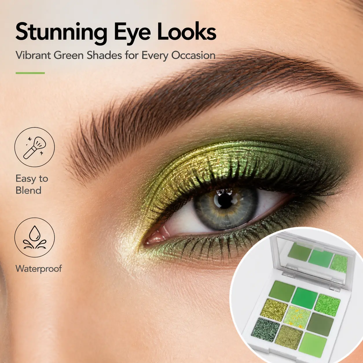 INSFANY 9-Color Green Eyeshadow Palette - Single Item, Matte/Shimmer/Sparkle Finishes, Low-Saturation Forest Moss & Avocado Shades, Buildable Waterproof Long-Lasting, Cruelty-Free for Beginners & Adults, Office Wear & Party Makeup, 24-Month Durability