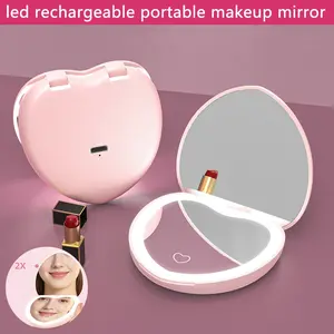 1Pcs heart shaped LED portable makeup mirror with 2x magnification LED travel rechargeable makeup mirror with three color adjustable lighting, 2 foldable small mirror pockets, portable makeup mirror for women, holiday gift, Rechargeable Lighted Mirror