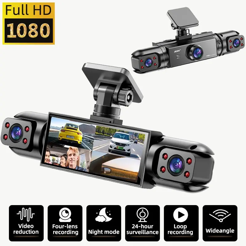 4-Channel Interior Car Dash Cam with Snap Mount, 1080P Front & 720P Back/Left/Right Full Coverage, Night Vision, WDR, G Sensor, Loop Recording, Driving Safety Black Box - Car Electronics Accessory, Interior Car Camera