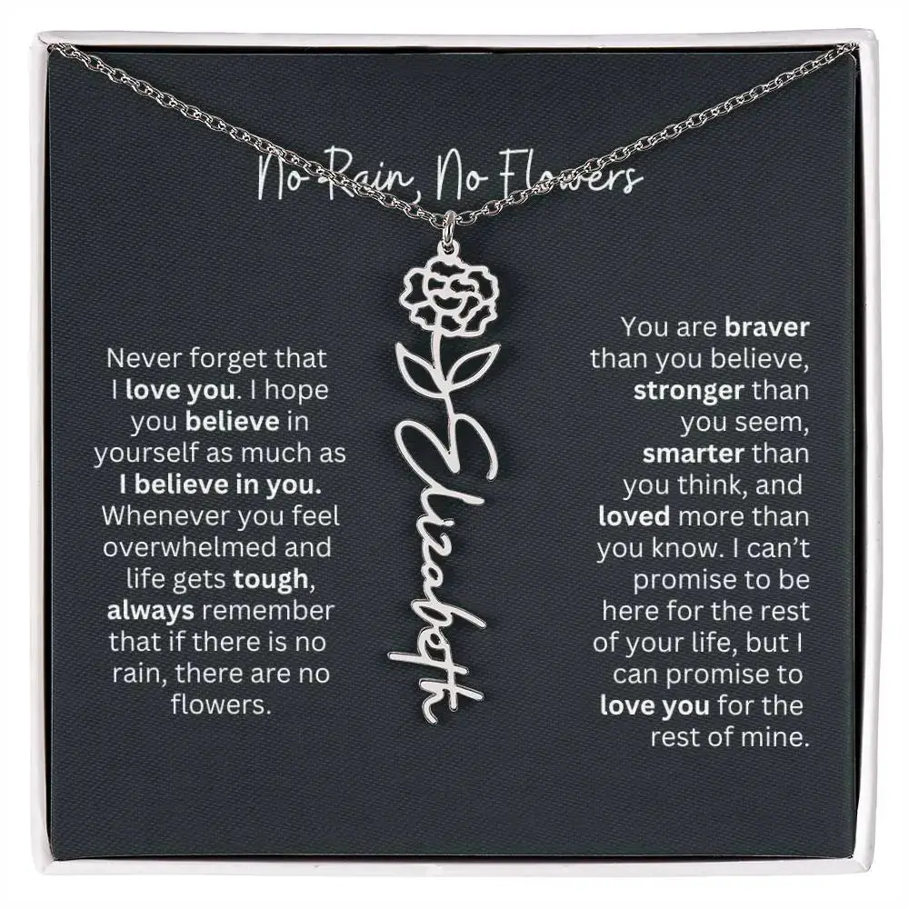 Customized Name Necklace with Birth Flower - No Rain, No Flowers I Birth Necklace, Daughter Necklace, Unique Gift Idea for Christmas