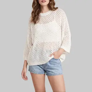 Shewin Women's Oversized Hollow-Out Lightweight Knit Pullover - Crew Neck, Half-Sleeve Batwing Tunic, Breathable Women's Trending Tops for Daily & Vacation Beach Wear, Knitting, Women's Clothes Summervibes