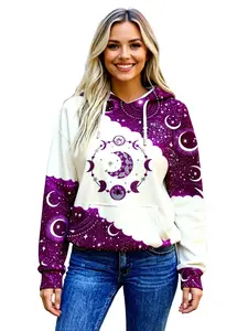 Popular Hoodies Women's Clothing Western Ethnic Style Vintage Celestial Floral Hoodie - Purple & White Moon &Stars Graphic Pullover, Soft Stretchy Long Sleeve Sweatshirtfor Everyday & Formal Outfits - Spring/winter Clothing Women's Hoodie