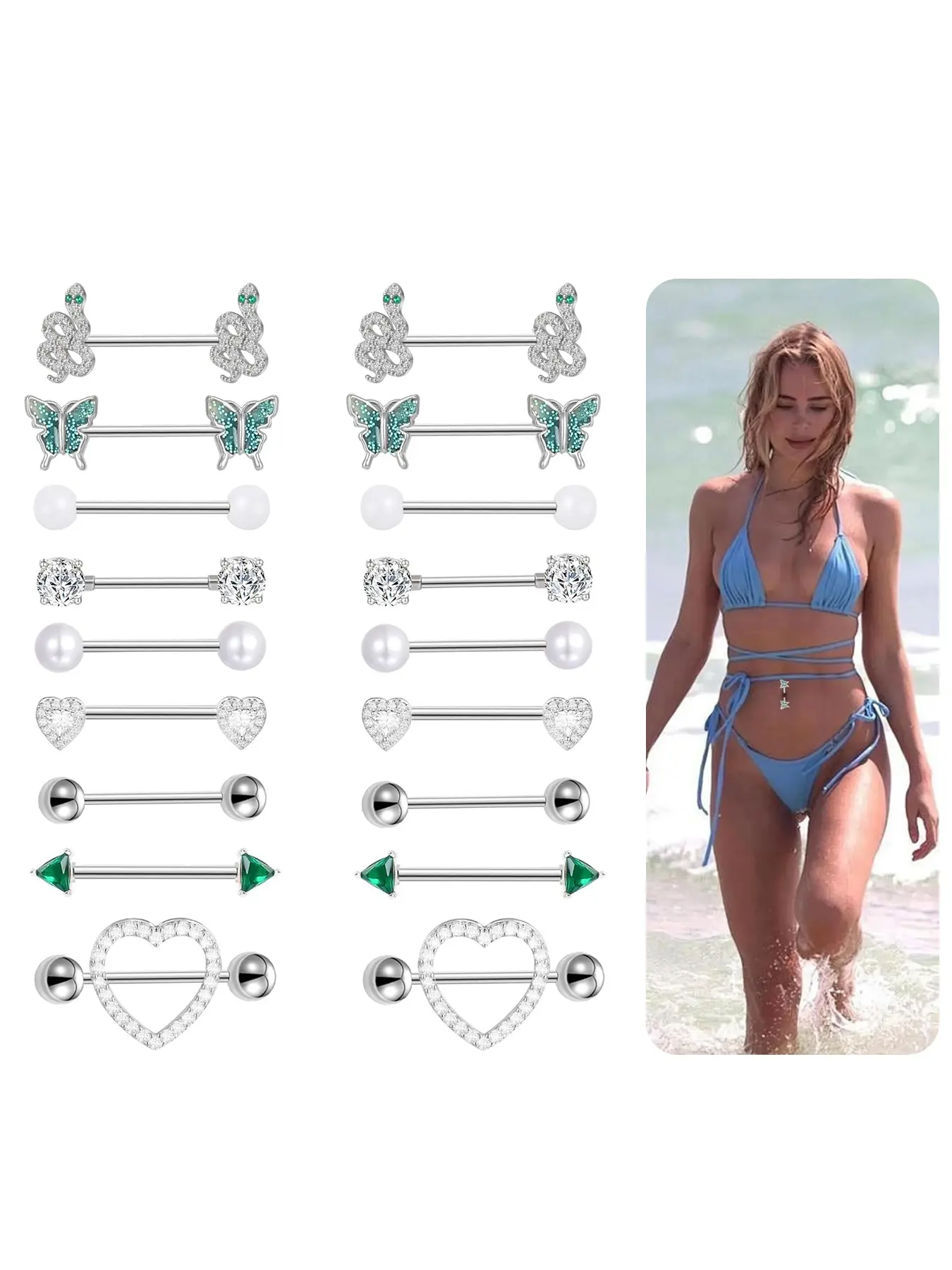 9 Pairs Nipple Rings 14G Stainless Steel Heart Butterfly Snake Ball Emerald Triangle CZ Barbell Tongue Rings Set Cute Body Piercing Jewelry for Women 16mm Rose Gold Silver Tone Flat Pierced Jewelry