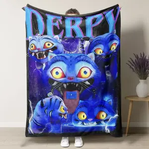 "derpy" Funny Blue Cat Dark Fantasy Flannel Blanket, Cool Oddity Plush Throw, Home Decor Gift, Sofa Bed Living Room, Travel Camping
